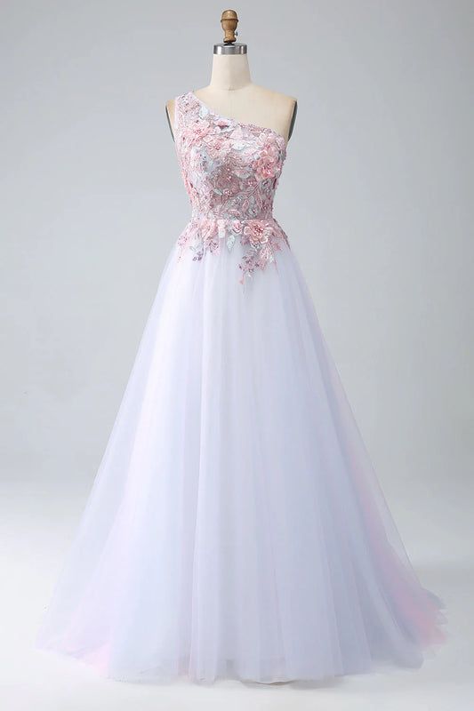 AerbaDress Prom Dress A-Line One Shoulder with Appliques Pink