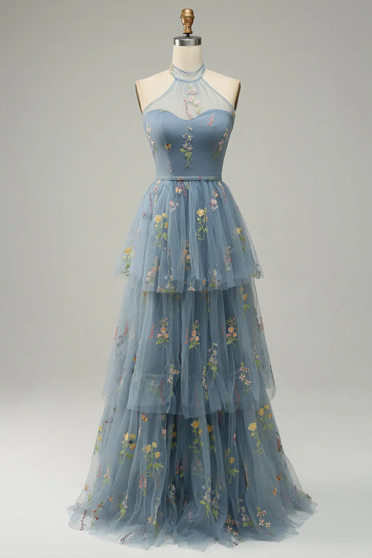 AerbaDress A Line Halter Floor Length Tulle Formal Dress with Embroidery