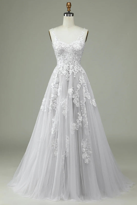 AerbaDress Ivory Tulle Backless Wedding Dress with Lace