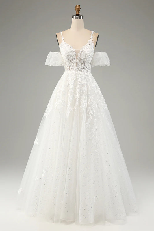 AerbaDress Ivory A-Line Tulle Spaghetti Straps Wedding Dress with Appliques