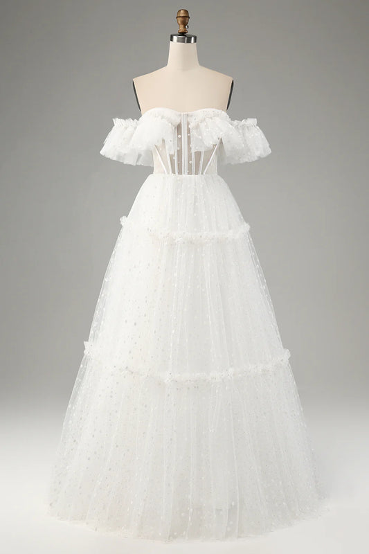 AerbaDress Ivory A-Line Off the Shoulder Tulle Wedding Dress