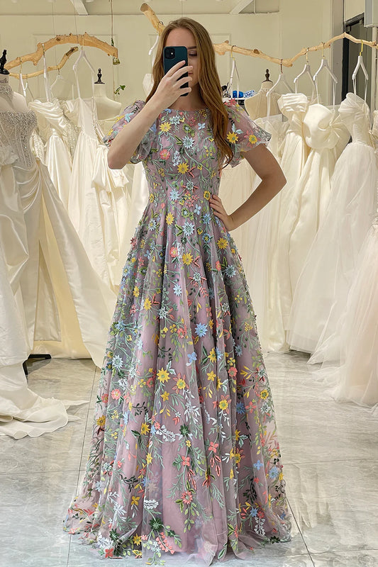 AerbaDress A-Line Embroidered Prom Dress with Short Sleeves