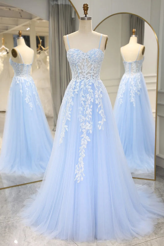 AerbaDress Sky Blue Spaghetti Straps Long Mermaid Prom Dress With Appliques