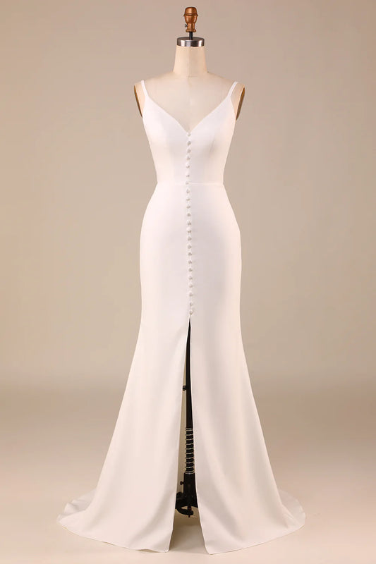 AerbaDress Simple Ivory Mermaid Backless Long Wedding Dress with Slit