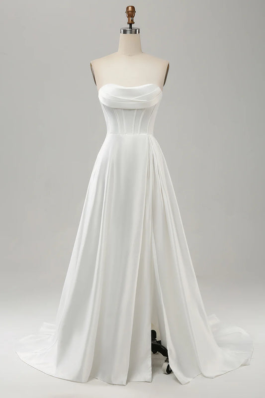 AerbaDress Elegant White A Line Strapless Pleated Sweep Train Bridal Dress With Split