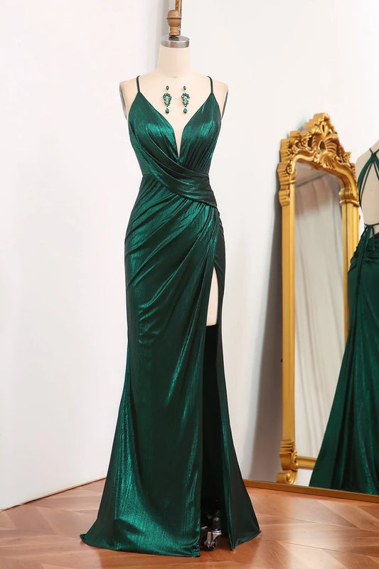 AerbaDress Dark Green Mermaid Spaghetti Straps Keyhole Long Prom Dress With Slit