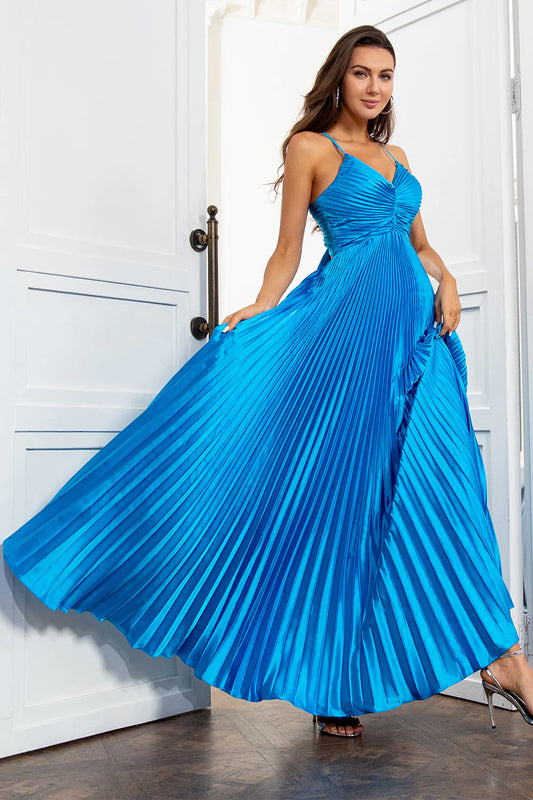 AerbaDress Blue Long Prom Dress Lake A Line Spaghetti Straps Pleated