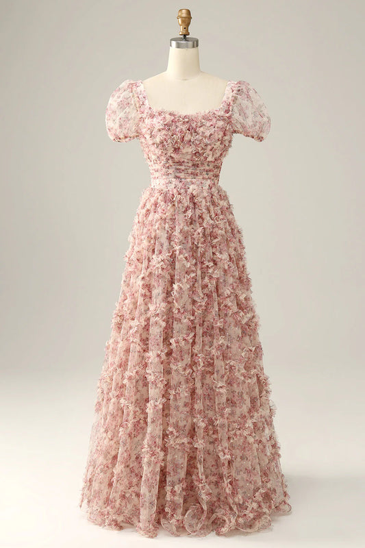 AerbaDress Flower A Line Square Neck Tulle Prom Dress Ivory