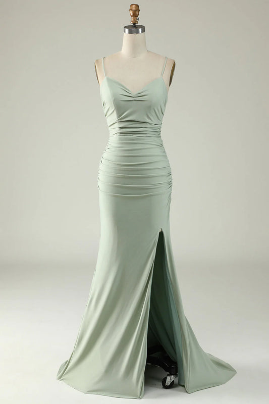 AerbaDress Prom Dress Mermaid Spaghetti Straps Long with Criss Cross Back Grey