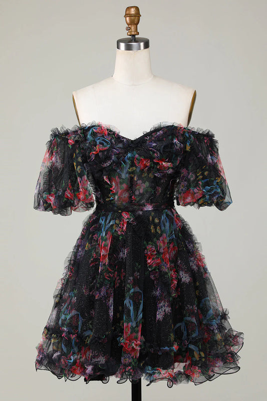 AerbaDress Gorgeous A Line Off the Shoulder Green Tulle Short Homecoming Dress with Short Sleeves