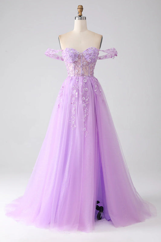 AerbaDress Long Prom Dress A-Line Off The Shoulder Beaded Corset With Slit Lilac