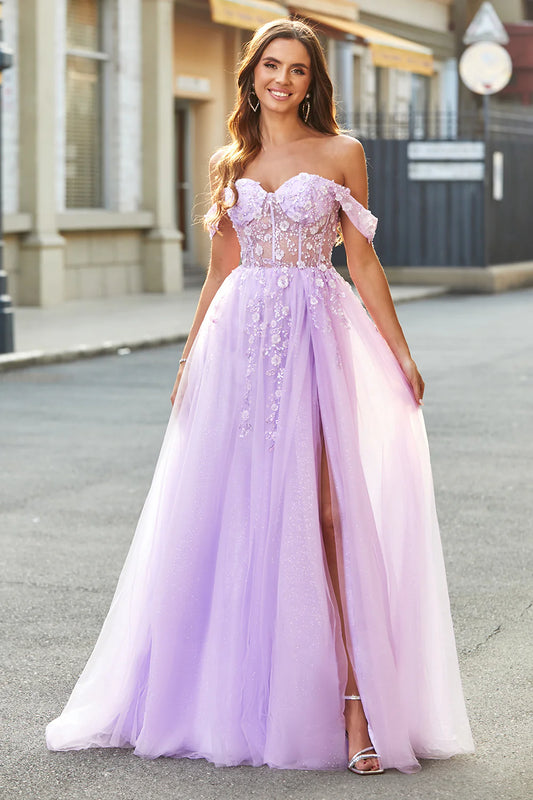 AerbaDress A-Line Long Prom Dress Lilac Off The Shoulder Beaded Corset With Slit
