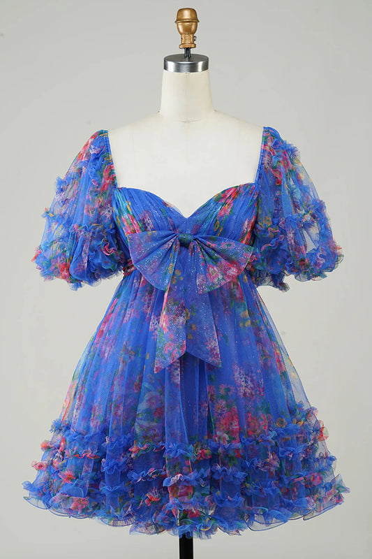 AerbaDress Ivory Floral Printed A-Line Puff Sleeves Short Tulle Homecoming Dress