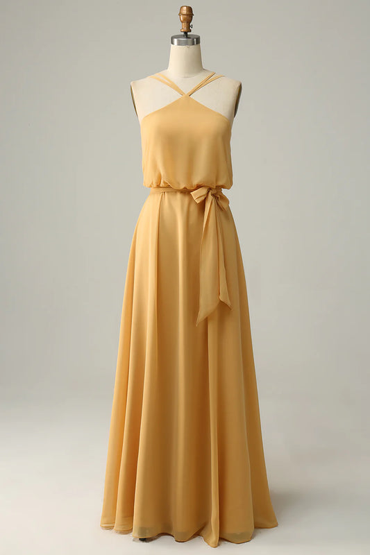 AerbaDress A Line Halter Yellow Long Bridesmaid Dress with Bowknot