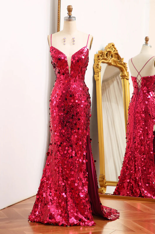 AerbaDress Mermaid Prom Dress Sparkly Sequins With Slit Fuchsia