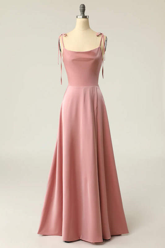 AerbaDress Blush Spaghetti Straps Long Prom Dress with Bowknot