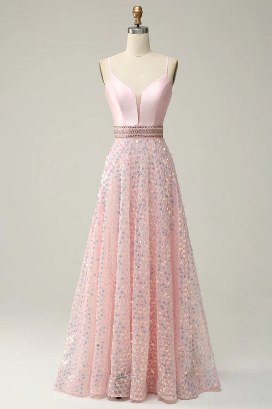 AerbaDress A Line Spaghetti Straps Pink Long Prom Dress with Beading