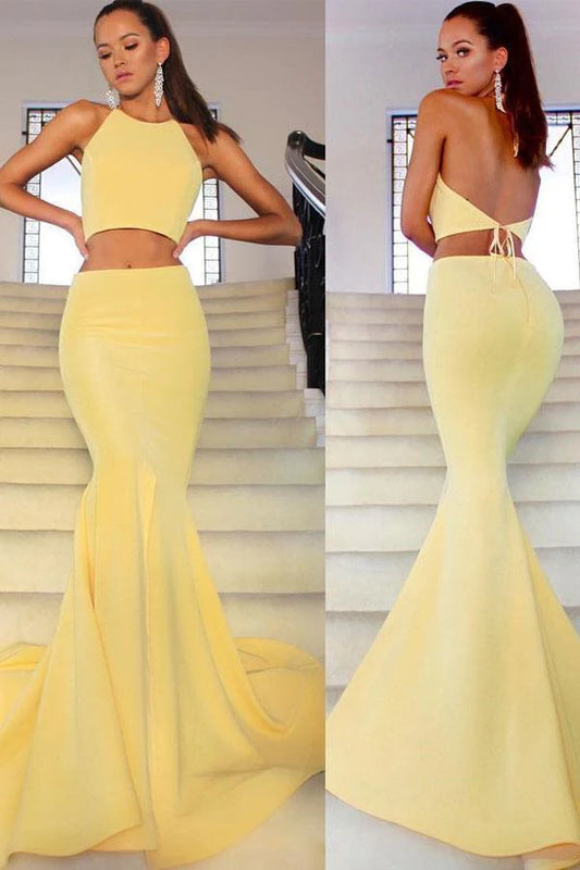 AerbaDress Long Prom Dresses Yellow Halter Two Piece High Neck Mermaid Satin with Split