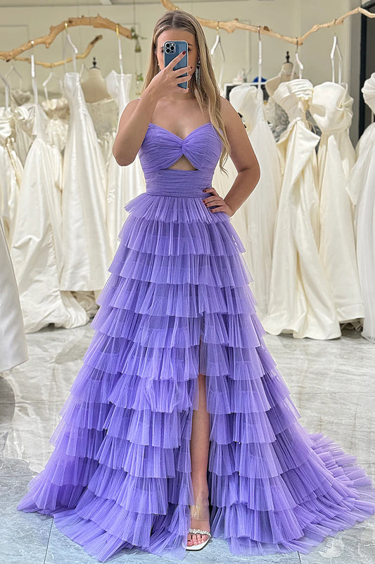 AerbaDress Prom Dress A-Line Spaghetti Straps Tiered with Slit