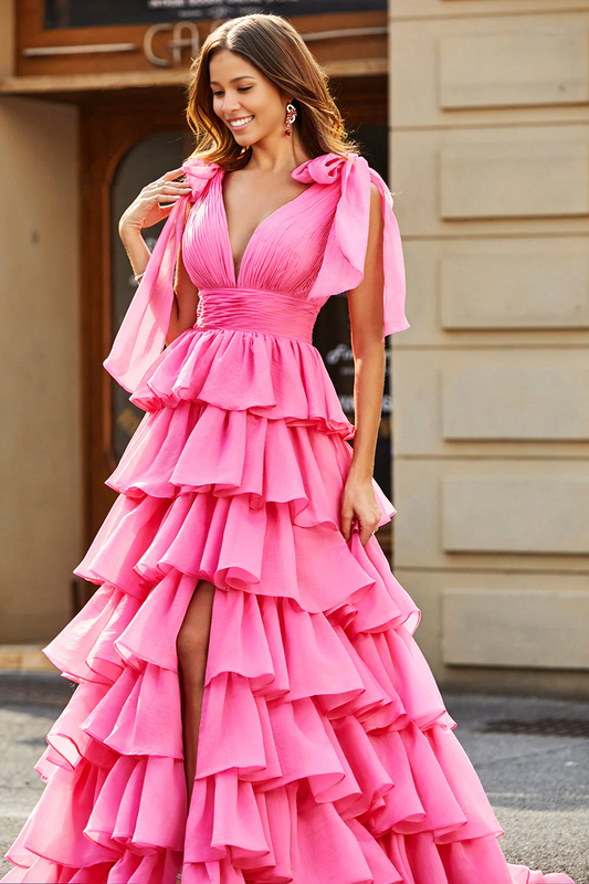 AerbaDress Long Prom Dress A-Line Deep V Neck Tiered With Slit