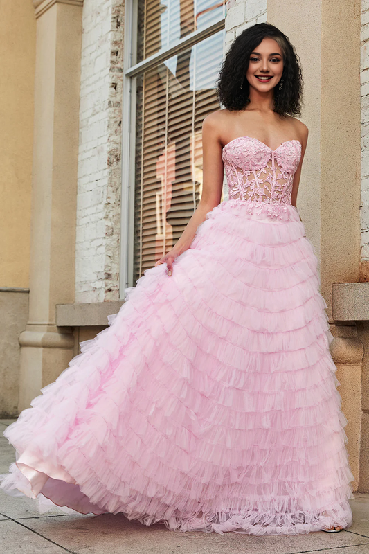 AerbaDress Elegant Fashion Long Prom Dress Pink A Line Sweetheart Pleated Tiered