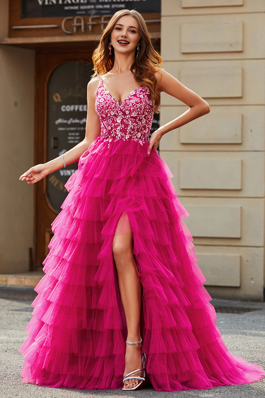 AerbaDress Long Prom Dress A-Line Spaghetti Straps Sparkly Beaded Tiered With Slit