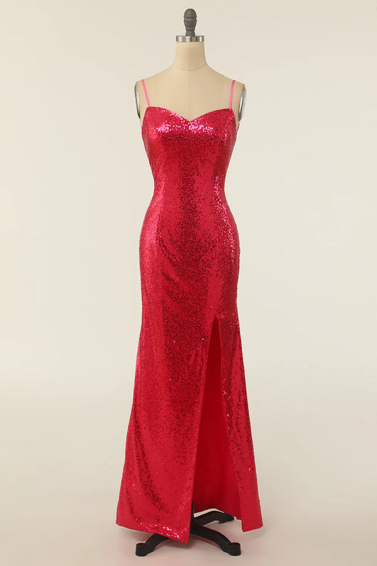 AerbaDress Sheath Spaghetti Straps Fuchsia Sequins Party Dress