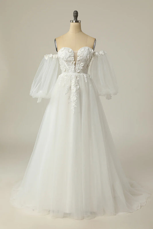 AerbaDress A Line Off the Shoulder Ivory Bridal Dress with Long Sleeves