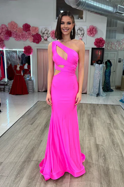 AerbaDress Elegant Fuchsia One Shoulder Cutout Mermaid Long Prom Dresses