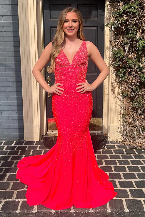 AerbaDress Red Evening Dress V Neck Long Mermaid Prom Dresses with Beaded