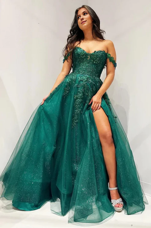 AerbaDress A-Line Long Prom Dresses Glitter Emerald Appliques Off-the-Shoulder