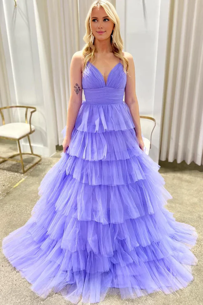 AerbaDress Lilac Evening Dress V Neck Ruffle Tiered Long Prom Dresses
