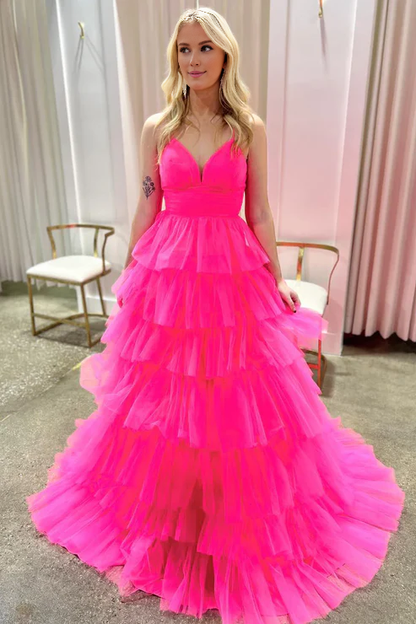 AerbaDress Lilac Evening Dress V Neck Ruffle Tiered Long Prom Dresses