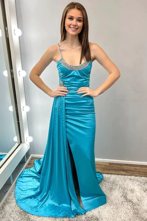 AerbaDress Elegant Teal Blue Beaded Spaghetti Strap Long Gown with Attached Train
