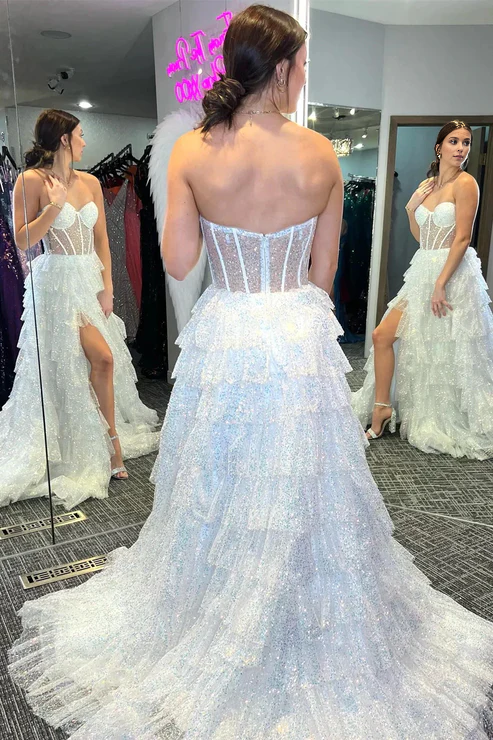 AerbaDress Elegant Glitter Evening Dress Tulle Corset Ruffle Tiered Long Prom Dresses