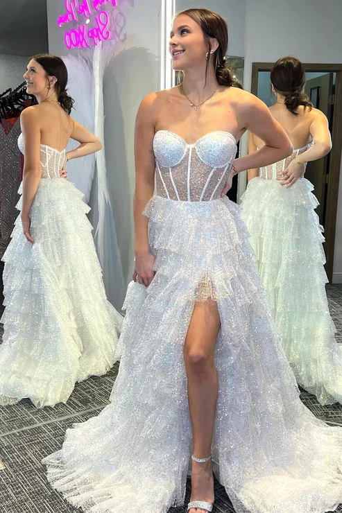 AerbaDress Elegant Glitter Evening Dress Tulle Corset Ruffle Tiered Long Prom Dresses
