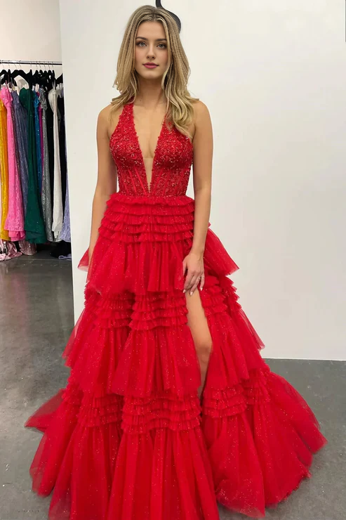 AerbaDress Fashion Red Tulle Appliques Halter Ruffle Tiered Ball Gown