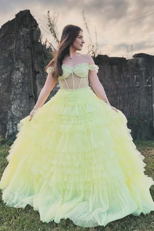 AerbaDress Long Prom Dresses Off the Shoulder Tiered Tulle Yellow Evening Dress