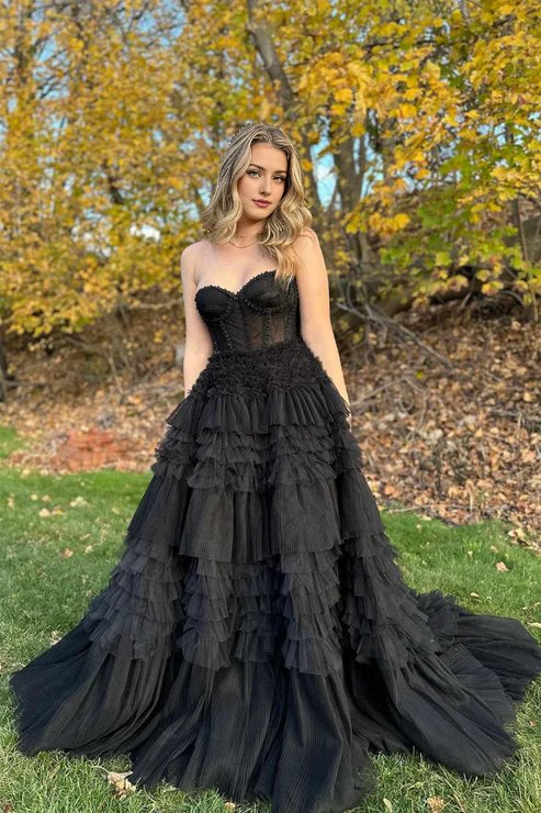 AerbaDress Black Evening Dress Long Sweetheart Tiered Tulle Prom Dresses