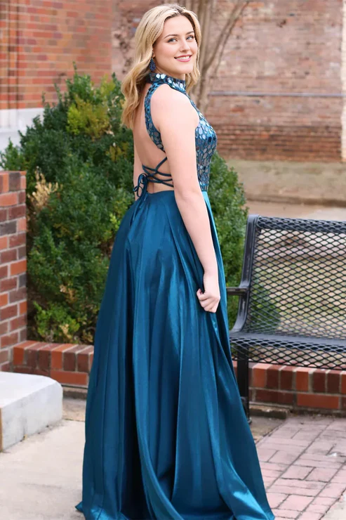 AerbaDress Fashion Long Prom Dresses Teal Cut Glass Mirror Halter Formal Dresses