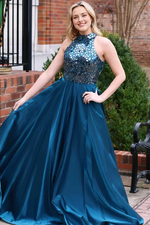AerbaDress Fashion Long Prom Dresses Teal Cut Glass Mirror Halter Formal Dresses