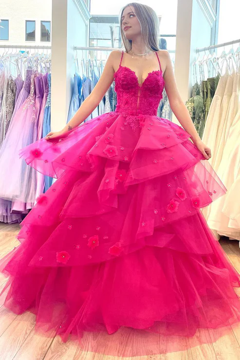 AerbaDress Elegant Hot Pink Evening Dress Tiered Tulle Long Sweetheart Prom Dresses with Appliques