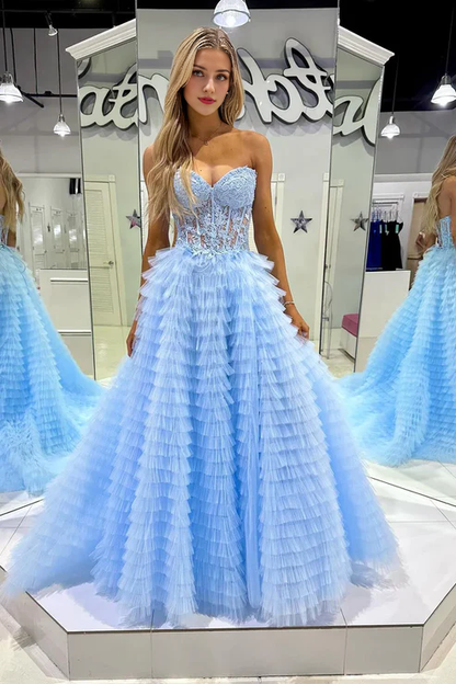 AerbaDress Elegant Light Blue Evening Dress Sweetheart Tiered Tulle Long Prom Dresses