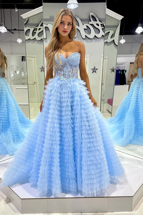 AerbaDress Elegant Light Blue Evening Dress Sweetheart Tiered Tulle Long Prom Dresses