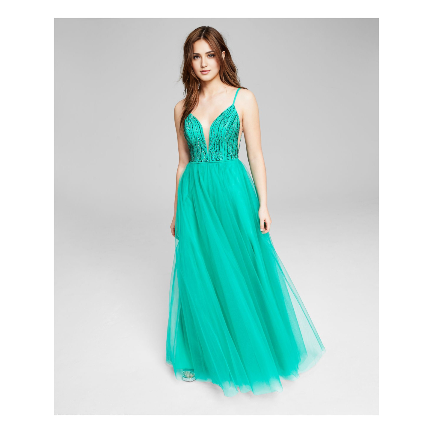 AerbaDress Elegant Womens Green Beaded Zippered Lined Sleeveless V Neck Full-Length Prom Gown Dress