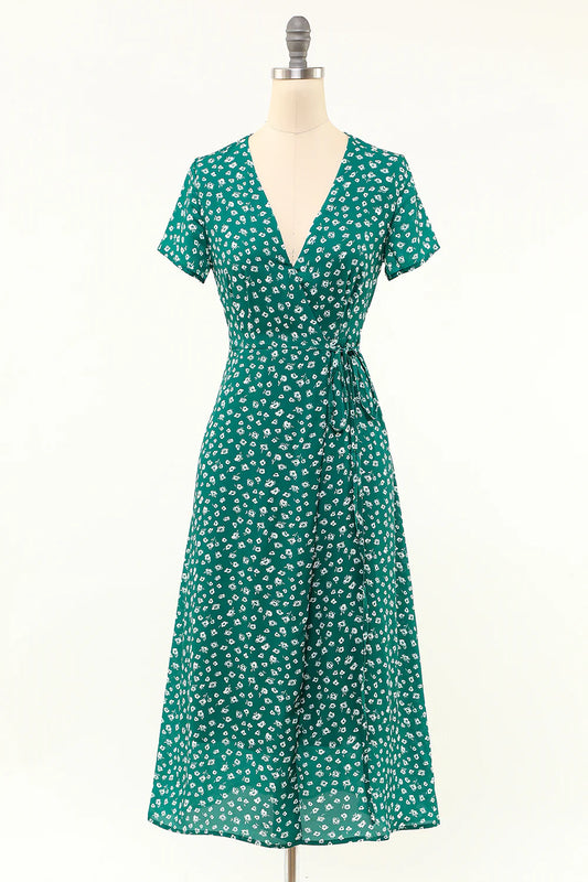 AerbaDress Green V Neck Teal Length Wrap Dress