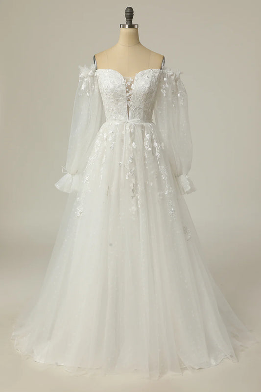 AerbaDress A Line Off the Shoulder White Wedding Dress with Appliques