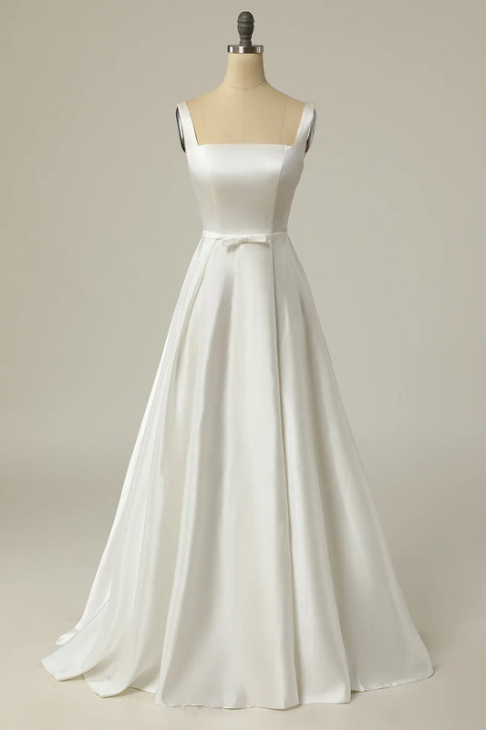 AerbaDress Simple A Line Square Neck White Long Wedding Dress