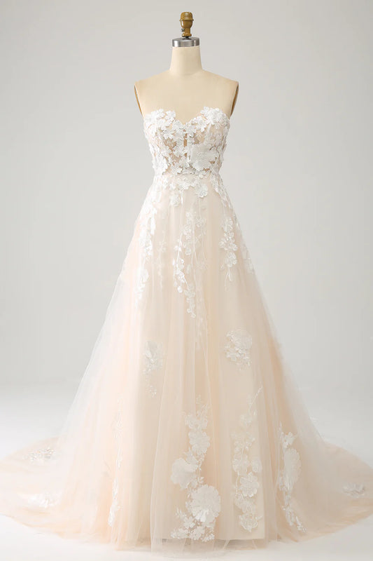 AerbaDress A Line Sweetheart Long Corset Wedding Dress With Appliques
