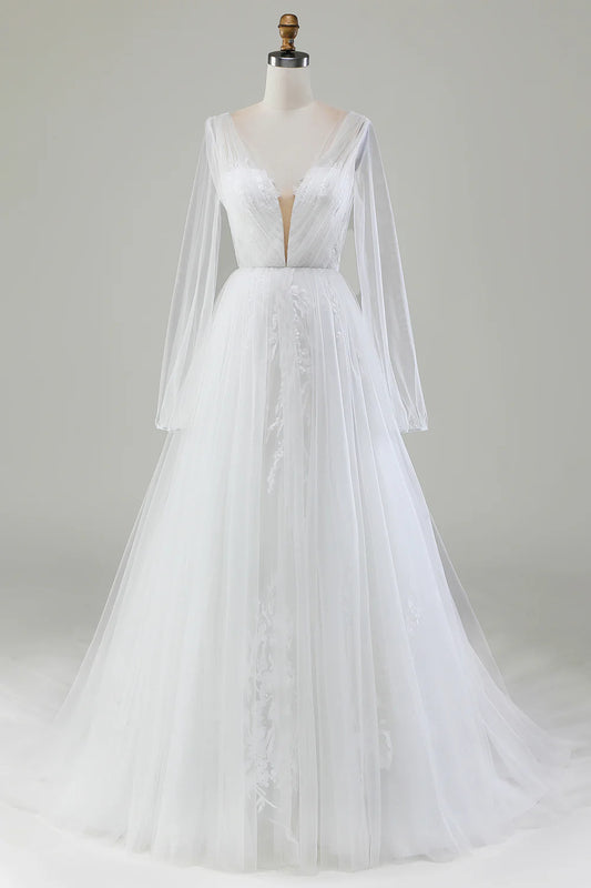 AerbaDress Ivory A-Line V-Neck Pleated Tulle Wedding Dress With Long Sleeves